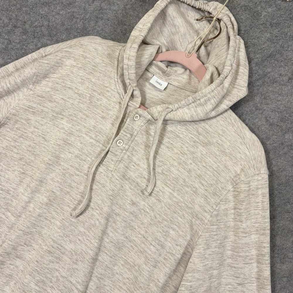 Onia Waffle Half Button Hoodie Mens Sz XL Heathered Beige Henley Pocket Coastal